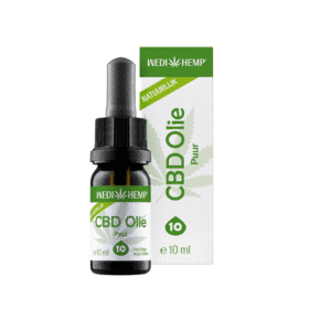 Een 10ml flesje Wedihemp - Puur 10% CBD olie - milde smaak met zijn doos. Het etiket is groen en wit, met een cannabisblad afbeelding.
