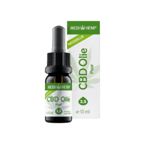 Flesje en verpakking met CBD-olie en druppelaar, met het label "Wedihemp - Puur 2.5% CBD olie - milde smaak" en met een cannabisbladontwerp.