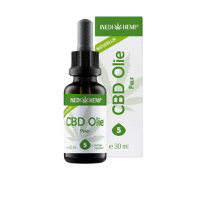 Een flesje Wedihemp - Puur 5% CBD olie (30ml) - milde smaak met druppelaar, geplaatst naast de bijpassende groen-witte verpakking met een cannabisblad.