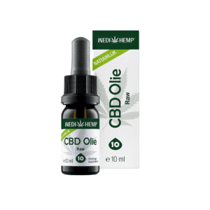 Een flesje van 10 ml Wedihemp - Raw 10% CBD-olie met een natuurlijke smaak, afgebeeld naast de verpakking met een hennepbladontwerp.
