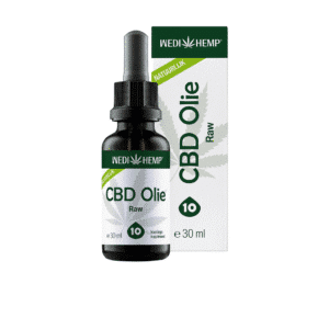 Fles en doos Wedihemp - Raw 10% CBD olie (30ml) - natuurlijke smaak, gelabeld als voedingssupplement met natuurlijk hennepbladontwerp.