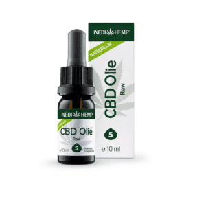 Productomschrijving: Een CBD-olieproduct met een druppelflesje met het label "Wedihemp - Raw 5% CBD olie - naturel smaak", verpakt met een afbeelding van een hennepblad en met een capaciteit van 10 ml.