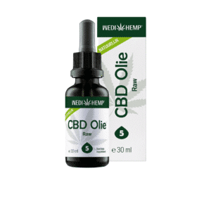Een flesje Wedihemp - Raw 5% CBD-olie met een druppelaar, geplaatst op de voorkant van de verpakking met de tekst "30ml" en "CBD olie".