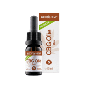 Fles en doosje Wedihemp - 5% CBG olie - naturel smaak, 10 ml, gelabeld als voedingssupplement, met druppeldop.