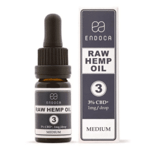 Een klein flesje en doosje Endoca - Raw 3% CBD Olie - naturel smaak, met het label "Medium", bevat 3% CBD+ met 1 mg per druppel.