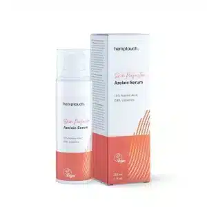 Een 30 ml flesje en doosje Hemptouch - Skin Perfection - CBD Azelaic Serum voor gezicht, met 10% azelaïnezuur, CBD, zoethout en veganistisch gecertificeerd.